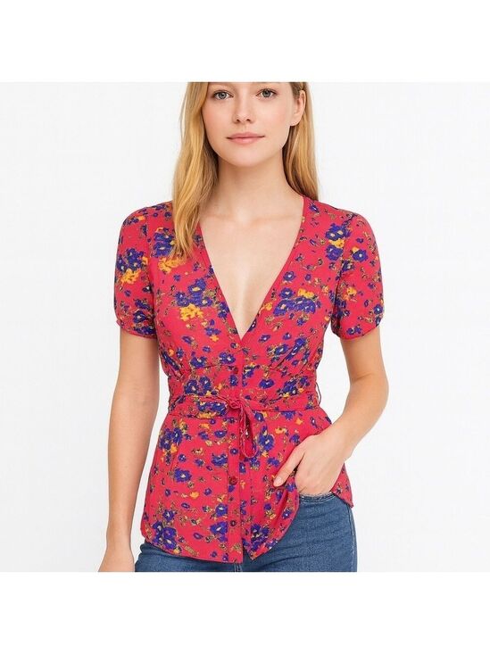 Forever 21 Tops - FOREVER 21 Adorable Pink Floral Print Button Up Sheer Blouse w/ Tie Back Size S